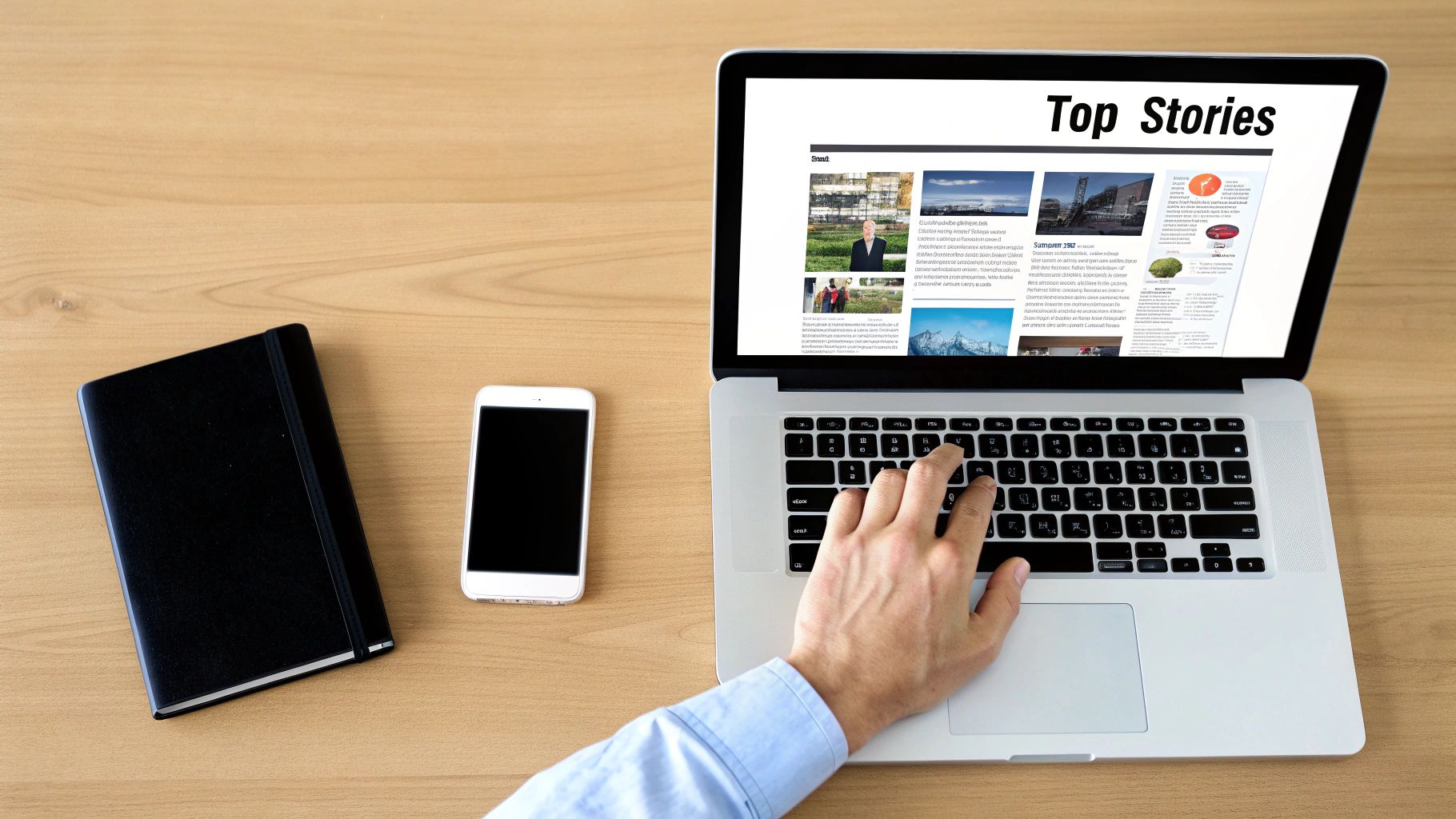 Overhead view of a person typing on a laptop displaying 'Top Stories' news, with a smartphone and notebook on a wooden desk.