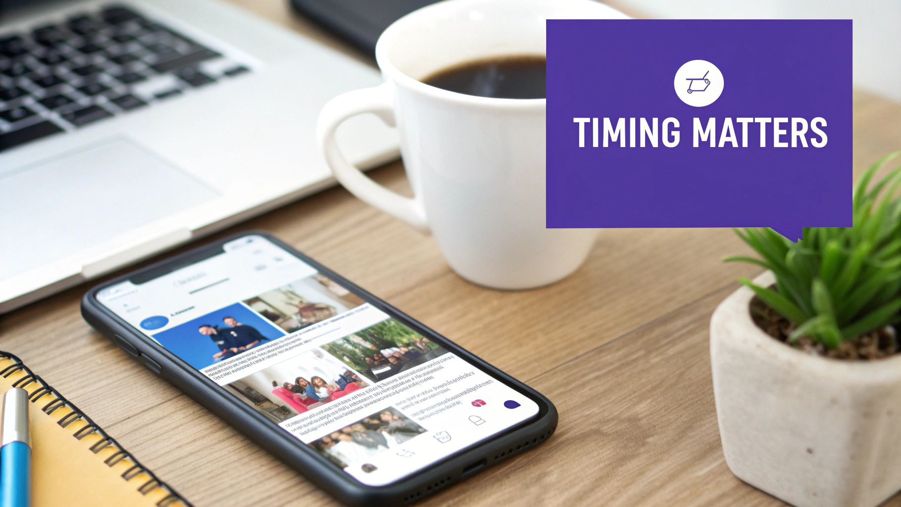 A desk with a laptop, coffee, smartphone showing a social media feed, and a purple speech bubble graphic saying 'TIMING MATTERS'.
