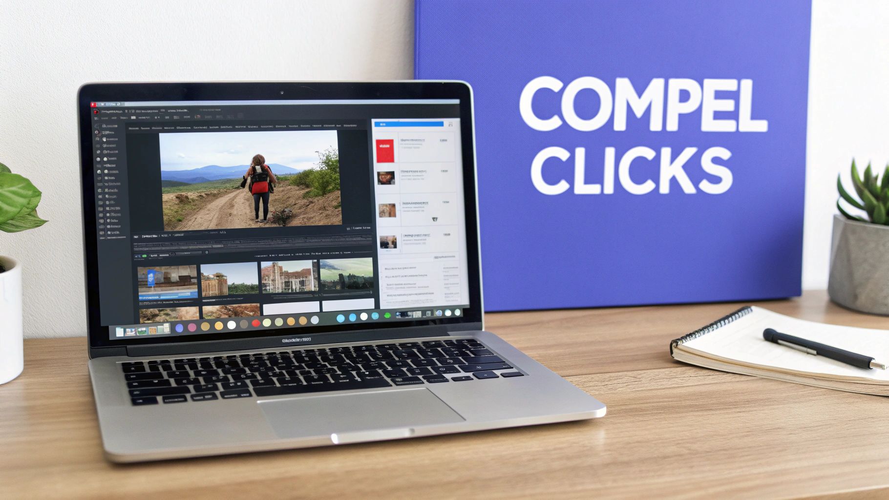 A laptop on a wooden desk displaying photo editing software with an image of a person hiking.