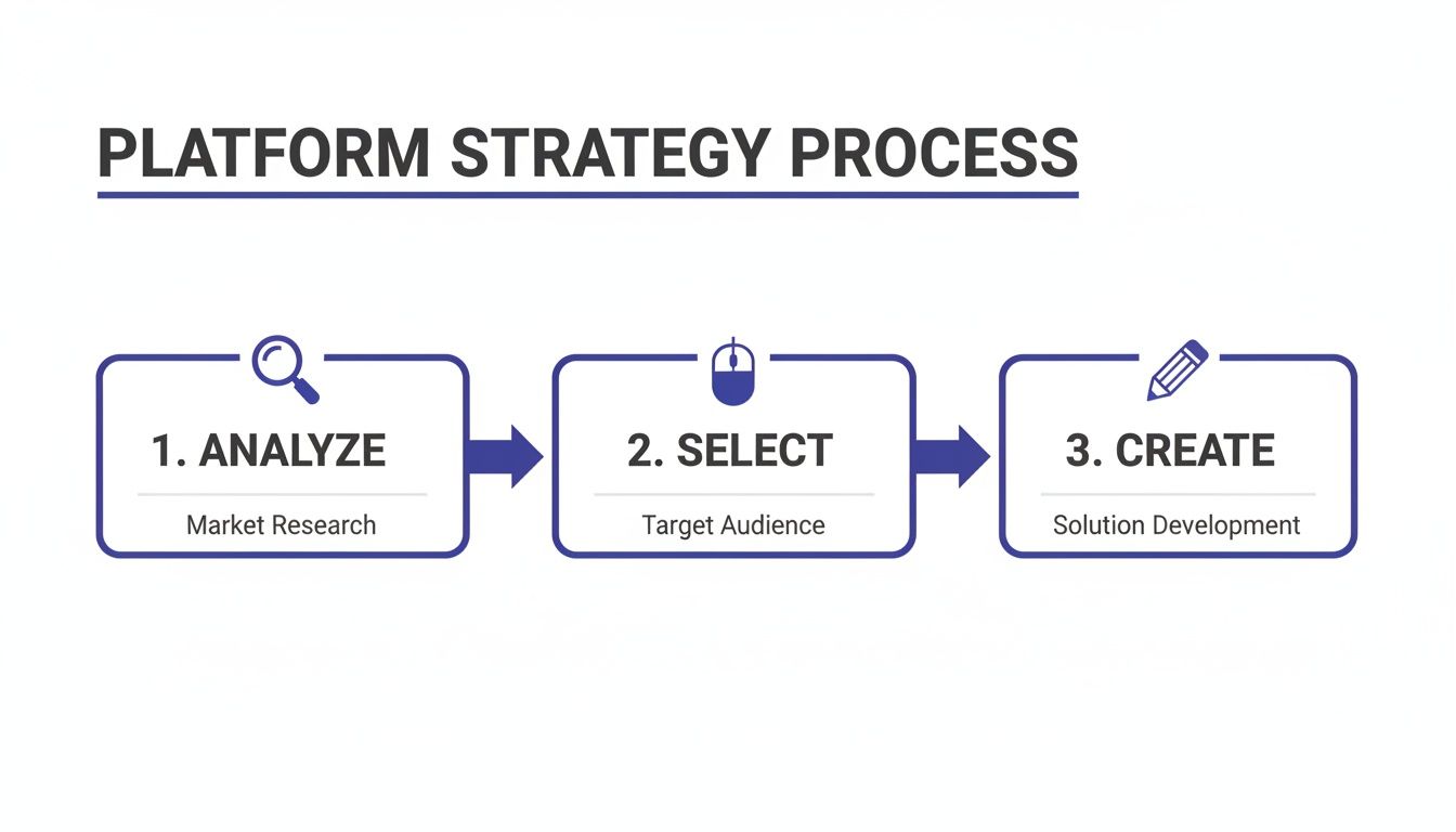 A simple process diagram illustrating the three steps of platform strategy: Analyze, Select, and Create.