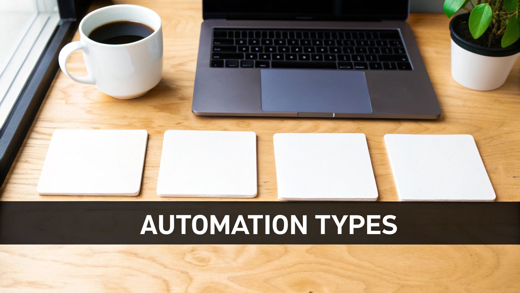 A flat lay of a wooden desk with a laptop, coffee mug, plant, and four coasters.