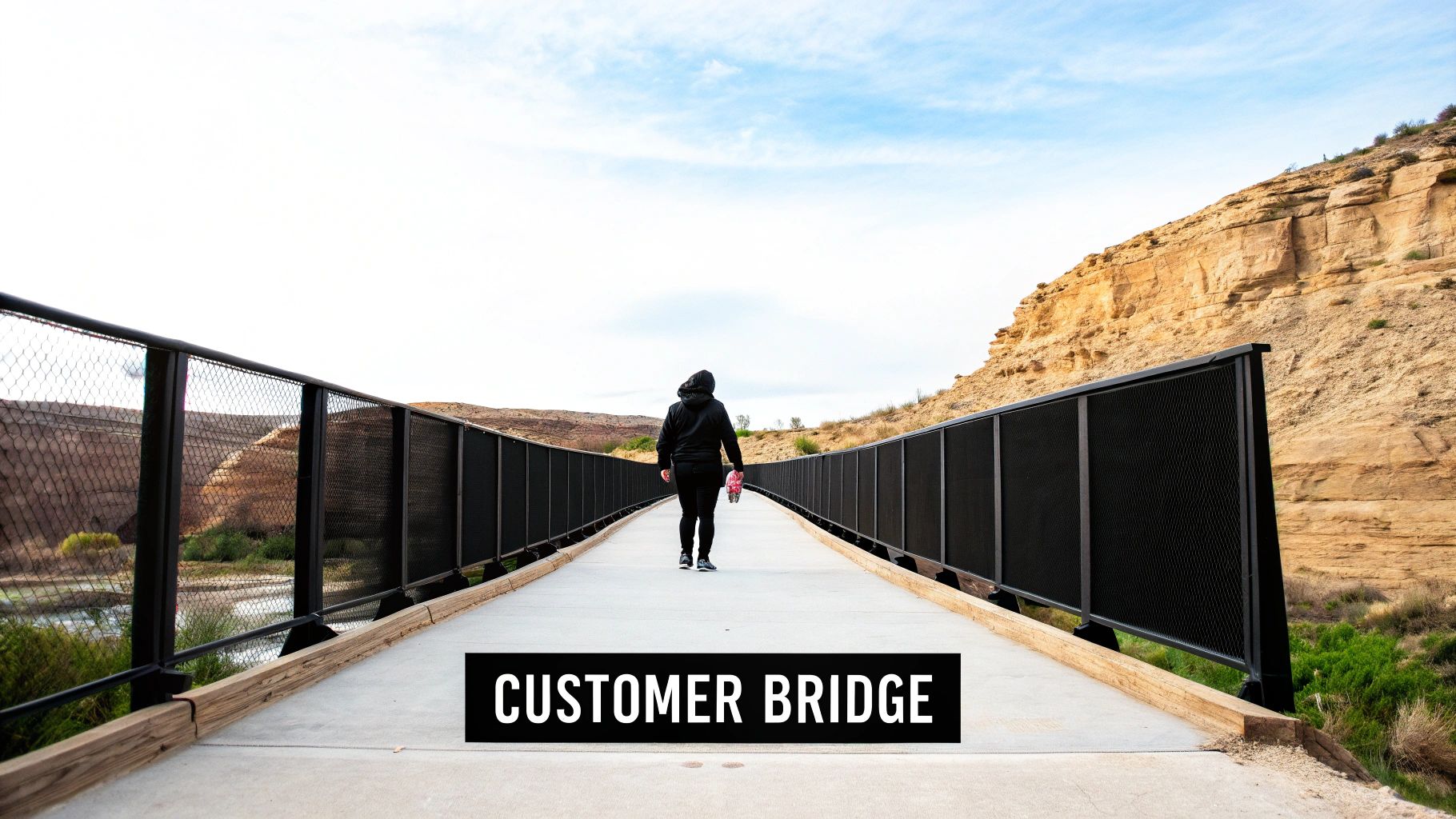 A person walks on a long bridge with fences, framed by desert cliffs and sky, with 'CUSTOMER BRIDGE' text.