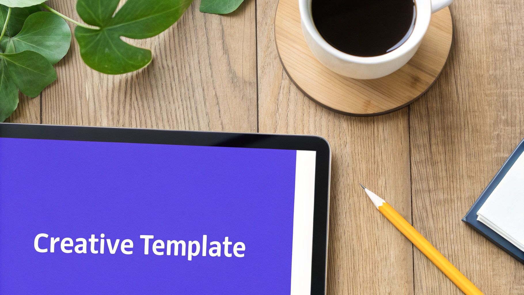 A flat lay of a wooden desk with a tablet showing 'Creative Template', coffee, plant, pencil, and notepad.