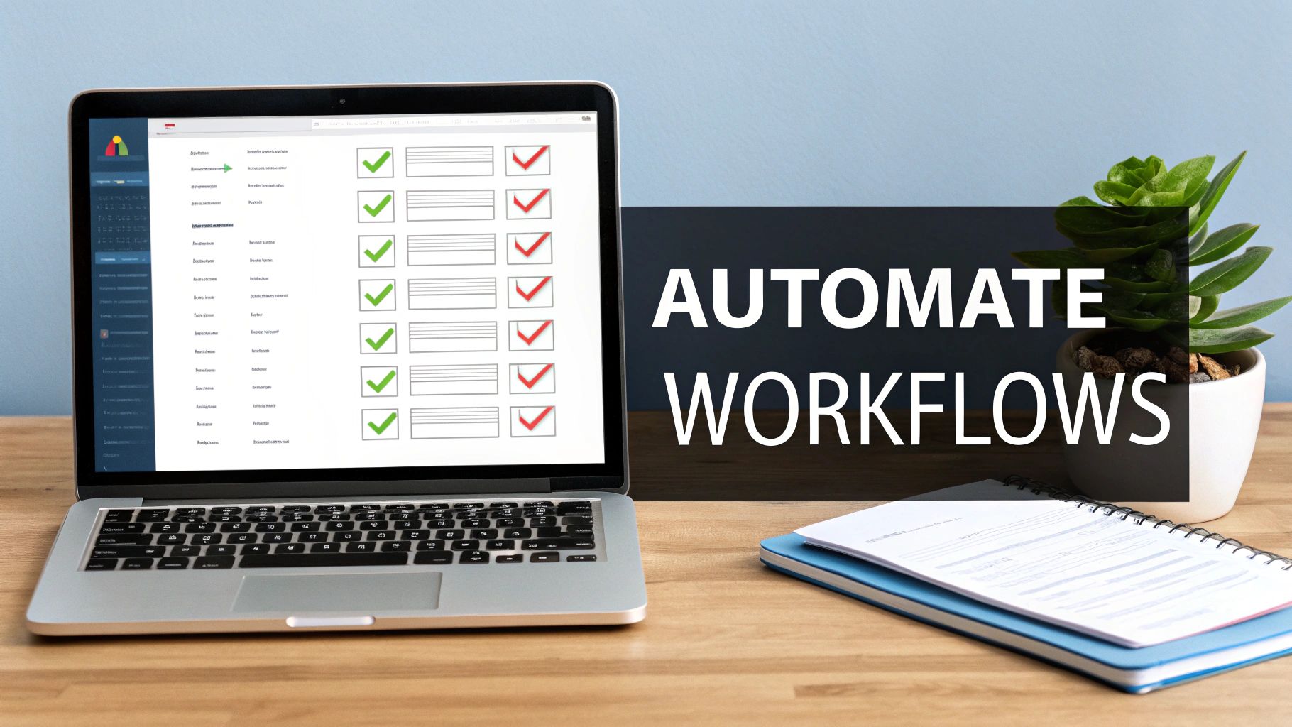 A person working on a laptop with charts and graphs in the background, symbolizing workflow automation.