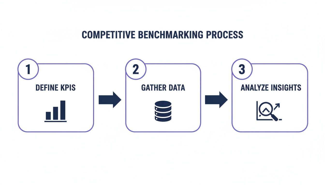 Three-step diagram illustrating the competitive benchmarking process: define KPIs, gather data, and analyze insights.
