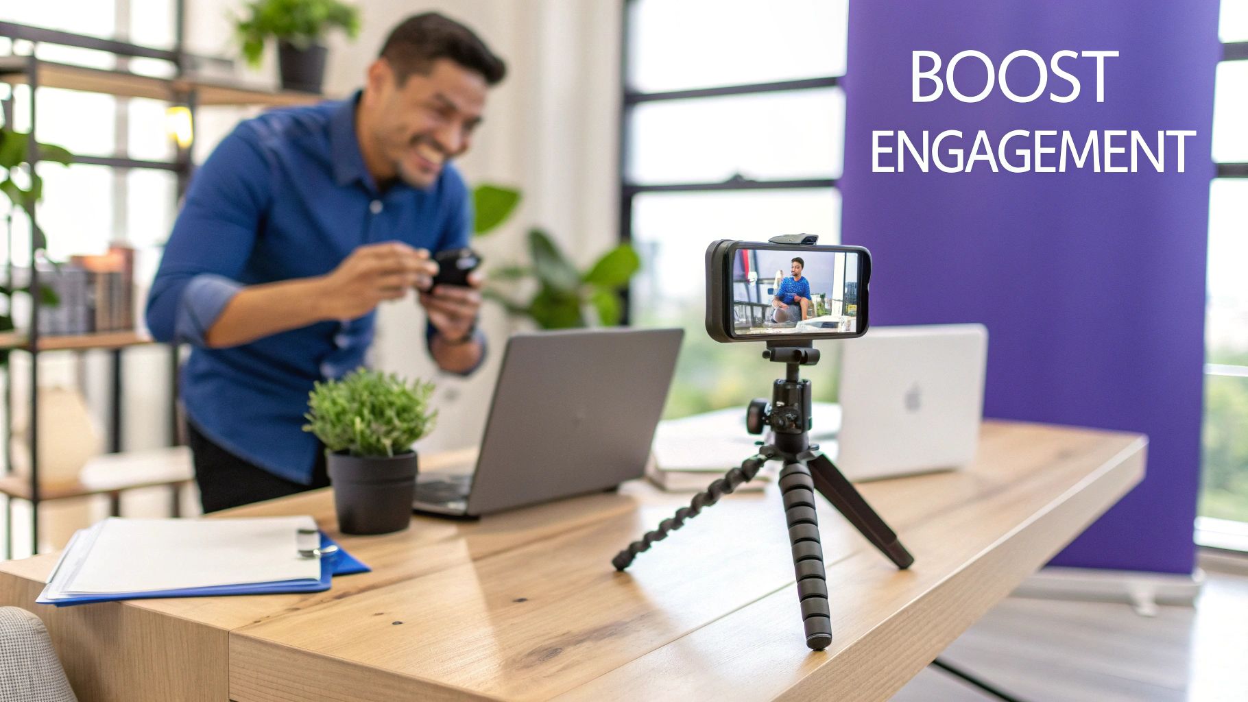 A group of friends laughing while watching videos on a smartphone, representing social media engagement.