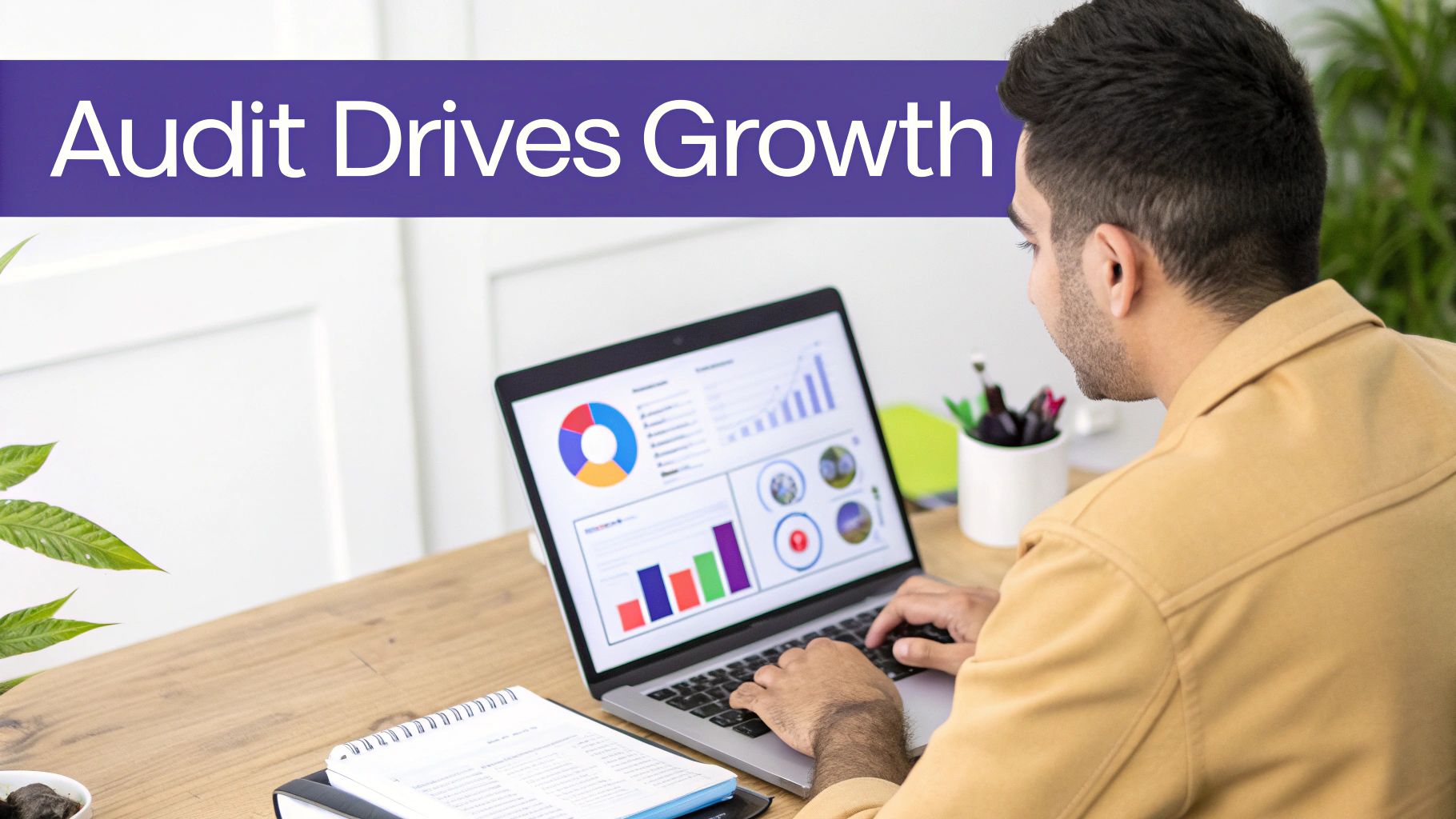 A person performs data analysis on a laptop, with charts and graphs on screen, under an 'Audit Drives Growth' banner.