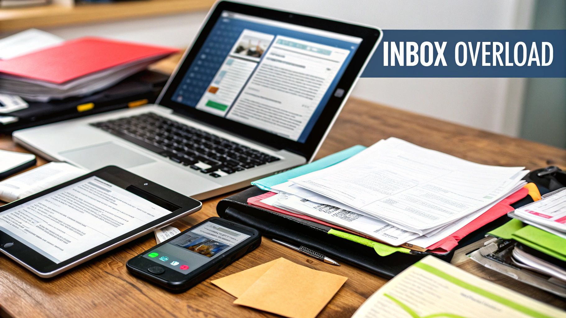 A person looking stressed while sitting in front of a laptop with multiple email icons floating around them.