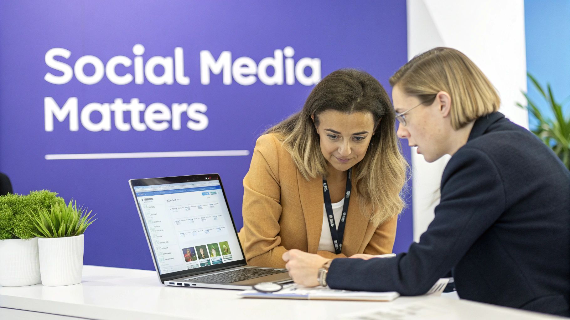 Two women collaborate on a laptop and documents at a 'Social Media Matters' event booth.