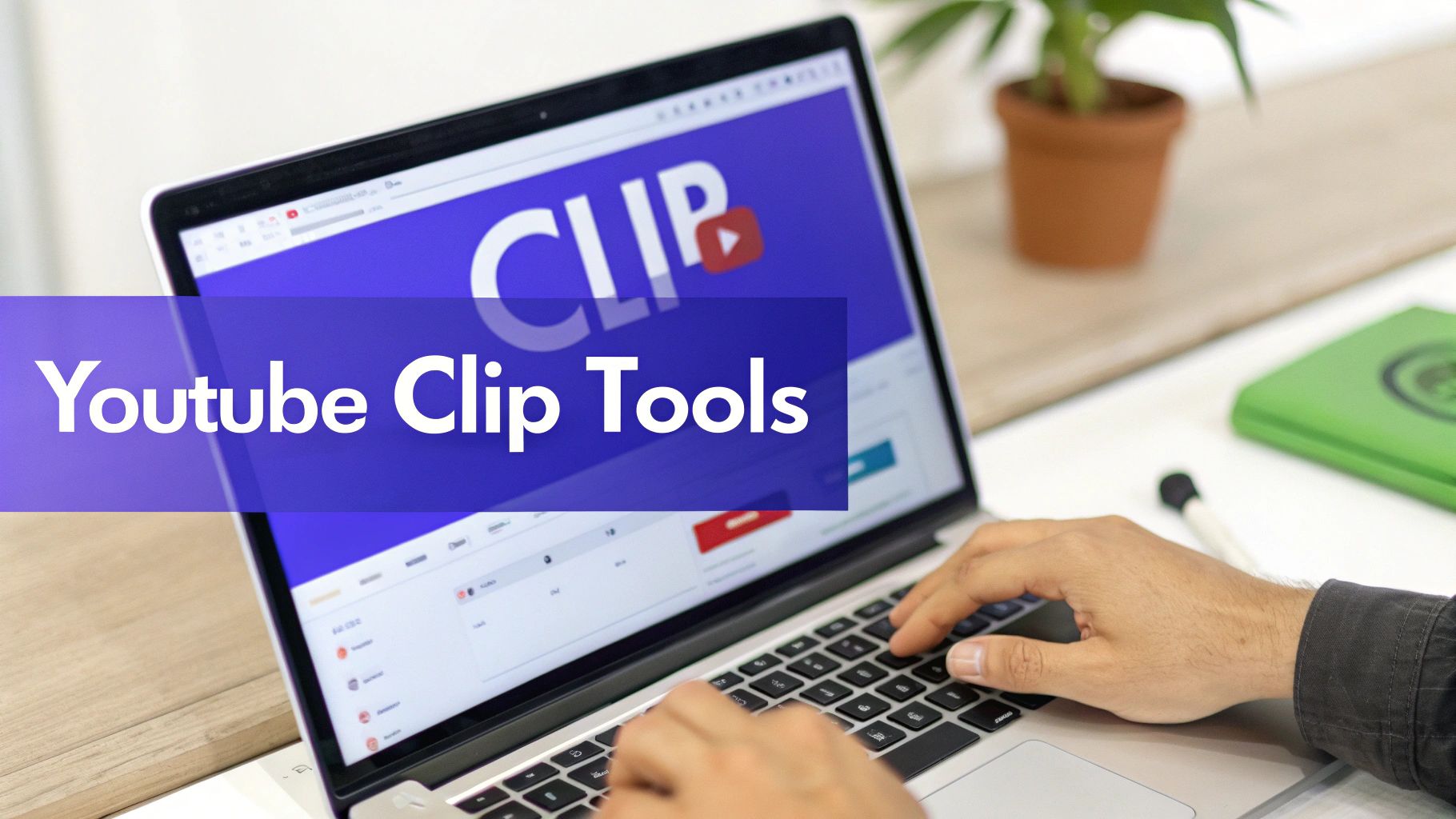 A person typing on a laptop displaying 'Youtube Clip Tools' on the screen, with a plant in the background.