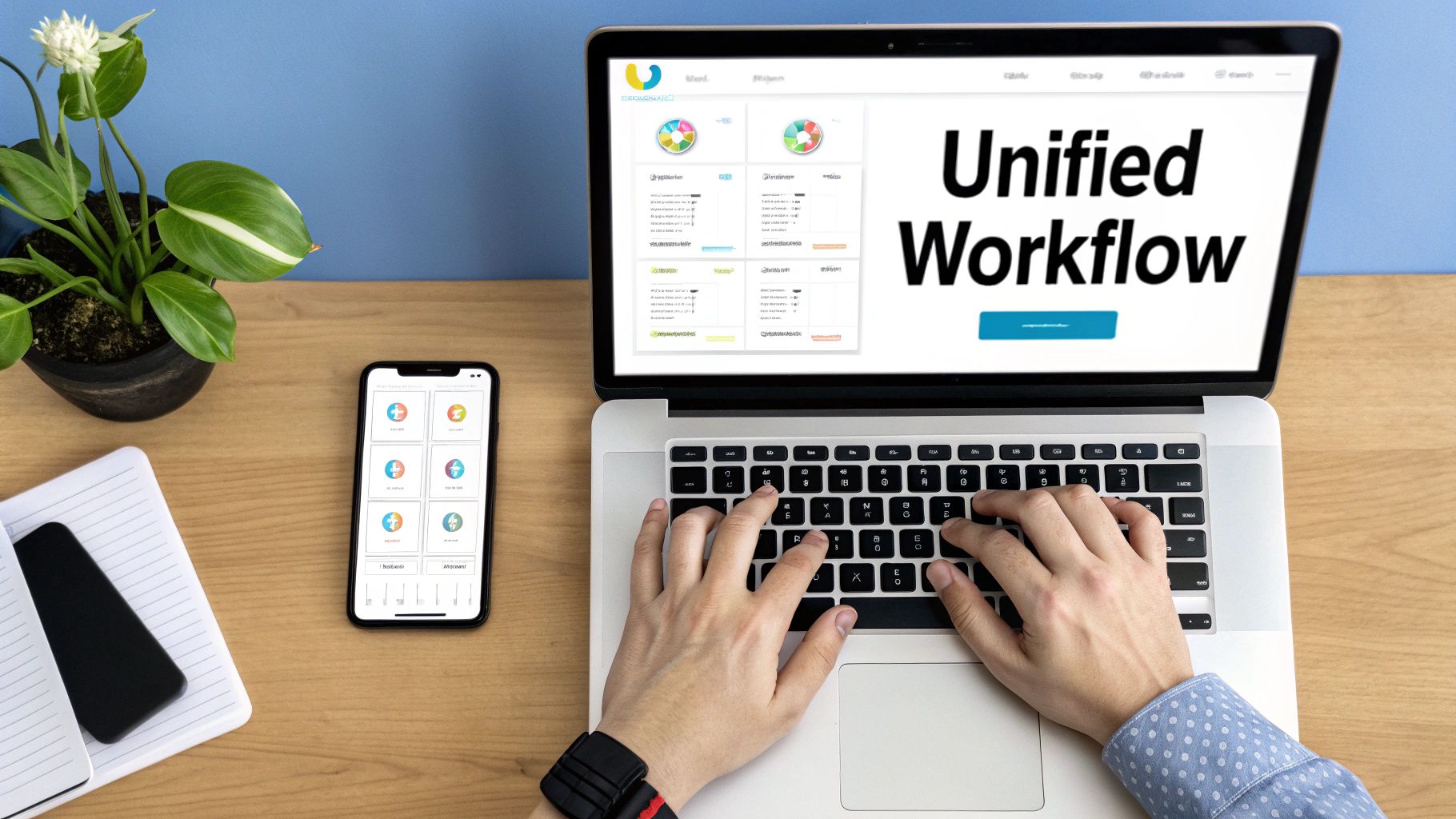 Overhead view of a person typing on a laptop displaying 'Unified Workflow' with a smartphone and plant on a wooden desk.