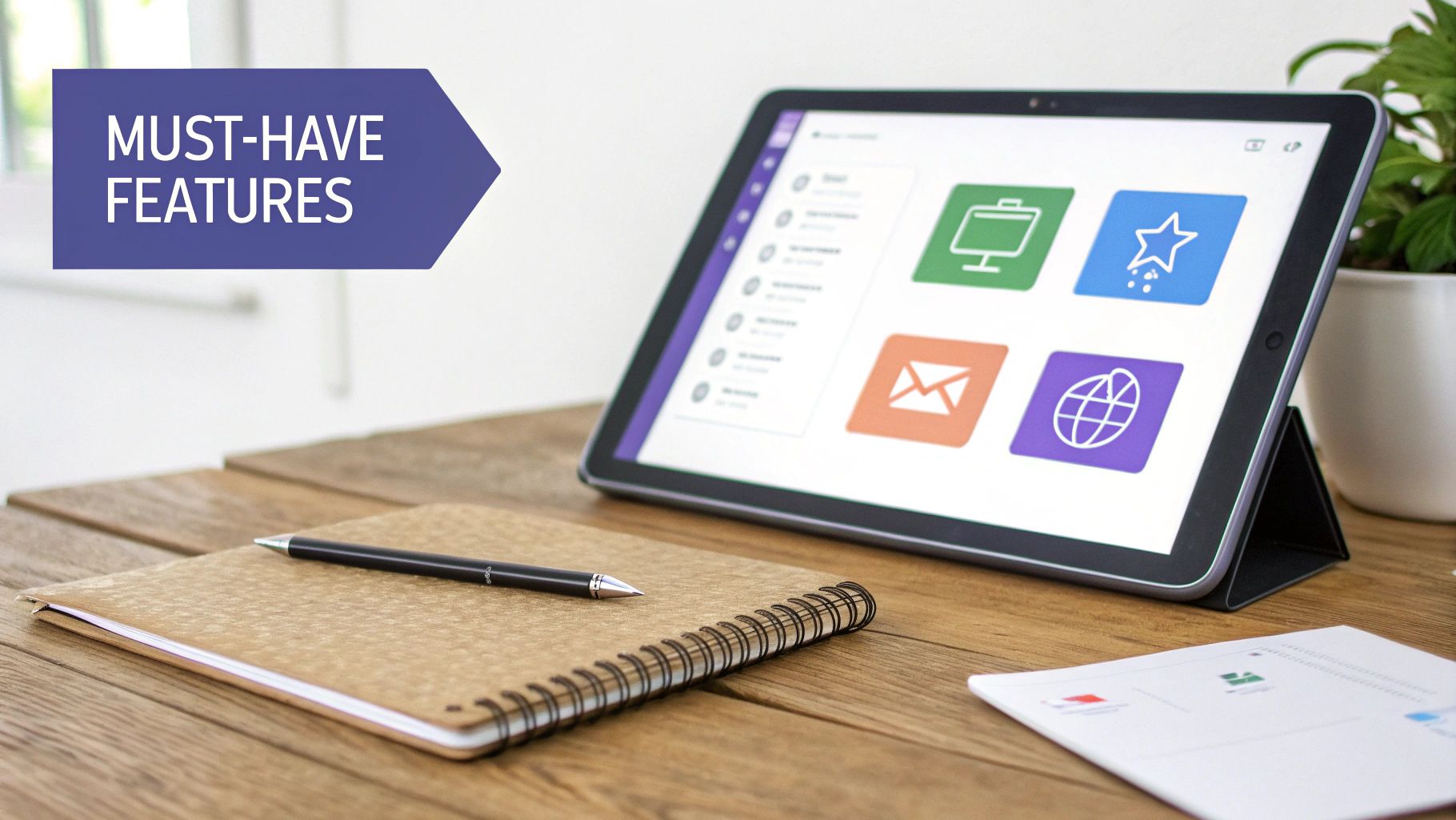 A tablet displaying app icons and a 'MUST-HAVE FEATURES' banner on a wooden desk.