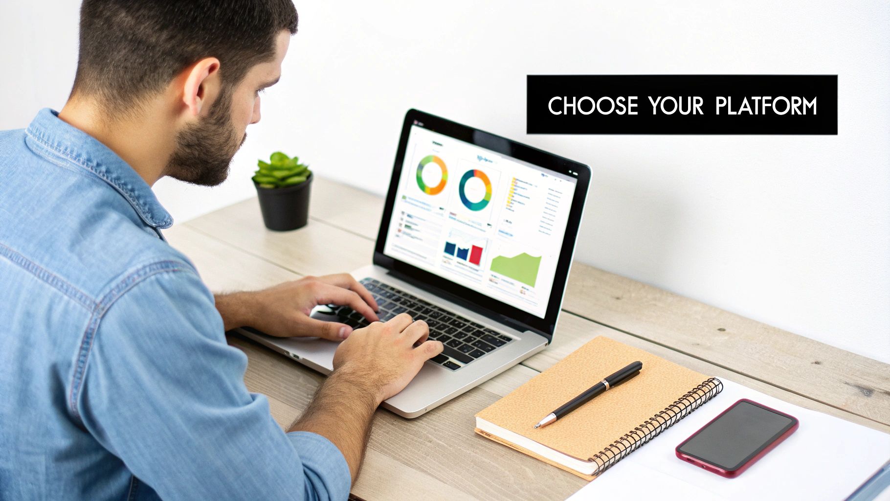 Man typing on a laptop showing data charts, with 'Choose Your Platform' banner.