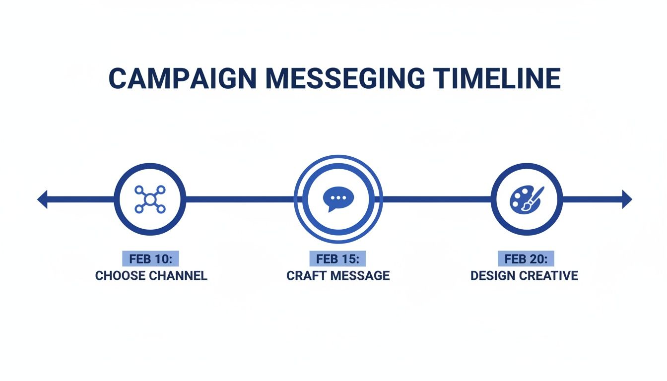A blue and white campaign messaging timeline showing steps for choosing channels, crafting messages, and designing creative.