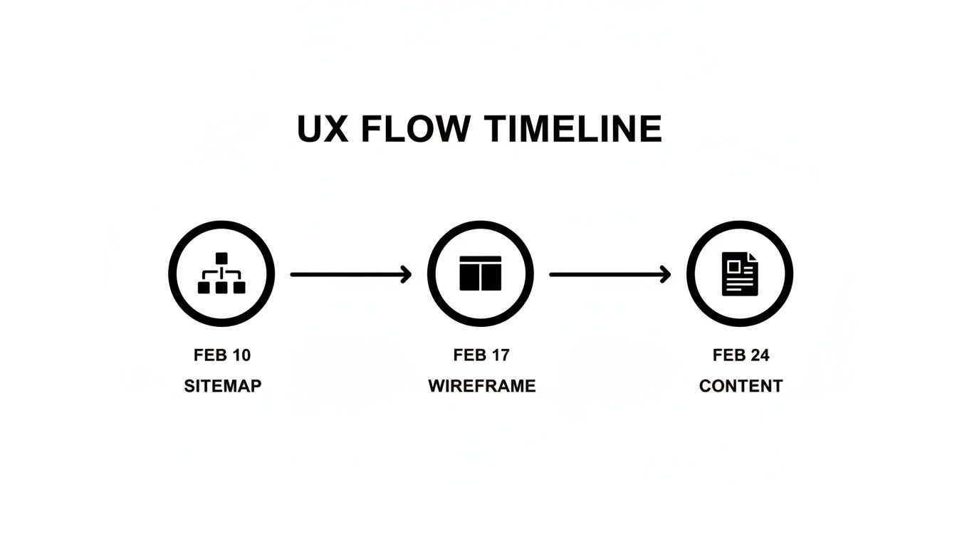 UX flow timeline illustrating project stages: sitemap (Feb 10), wireframe (Feb 17), and content (Feb 24).