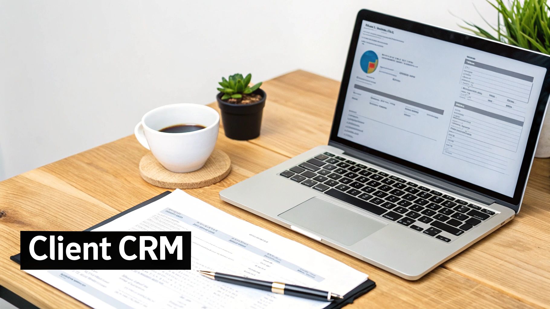 A tidy wooden desk with a laptop displaying a client CRM, coffee, a plant, and documents.
