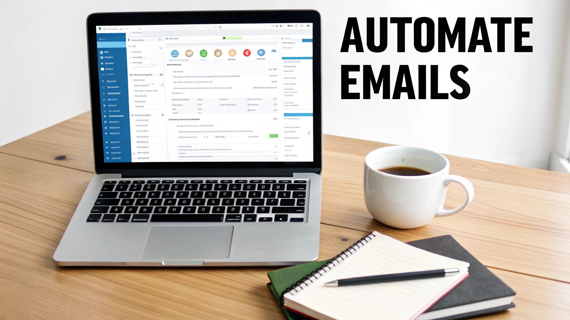 A person working on a laptop with Notion and email icons floating around, symbolizing automation.