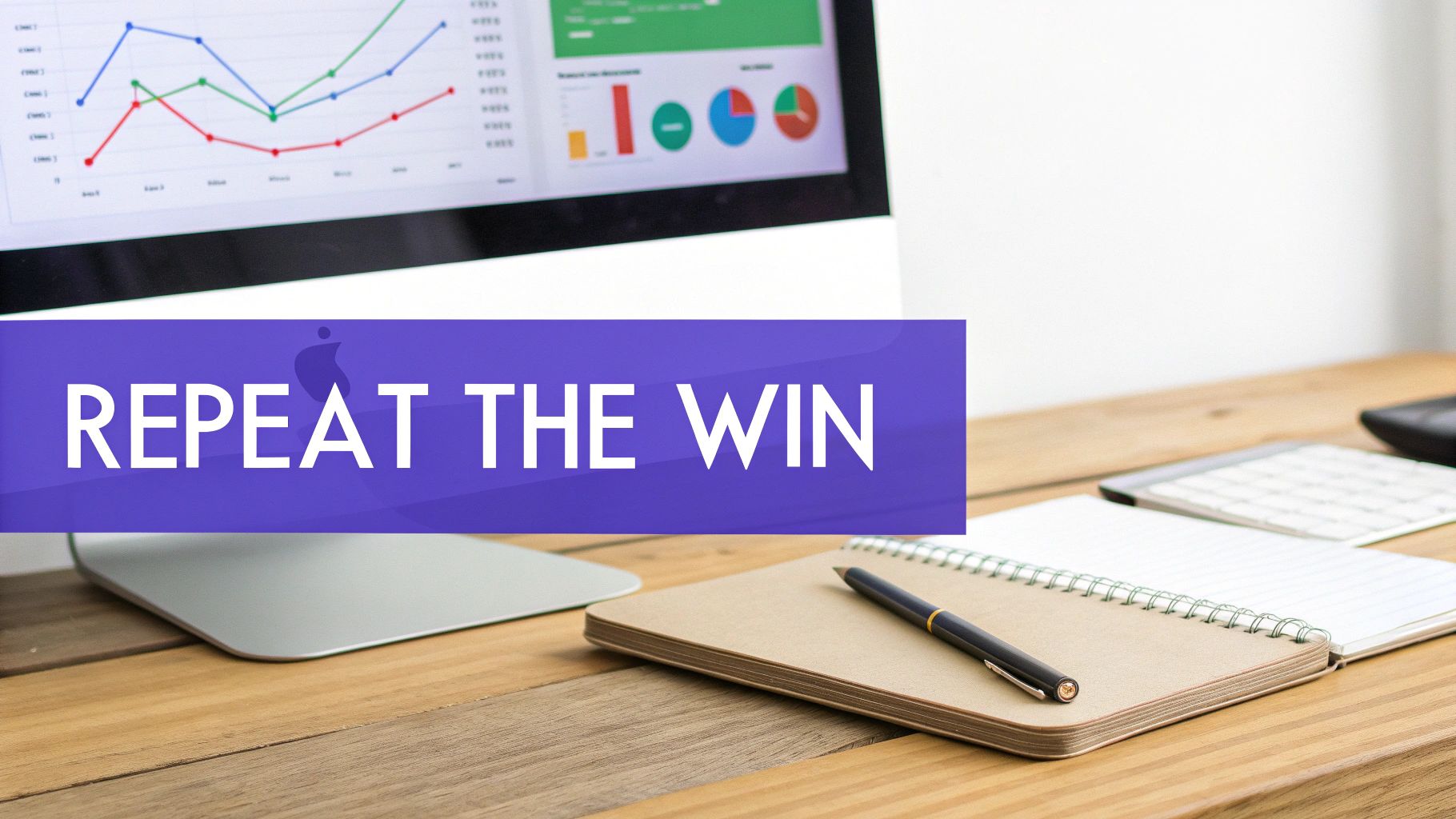 Desktop workspace with computer monitor displaying business charts and a banner stating 'REPEAT THE WIN' with an Apple logo.