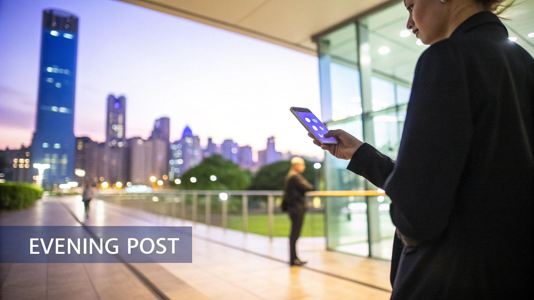A business person holds a smartphone with app icons, overlooking a city skyline at dusk.