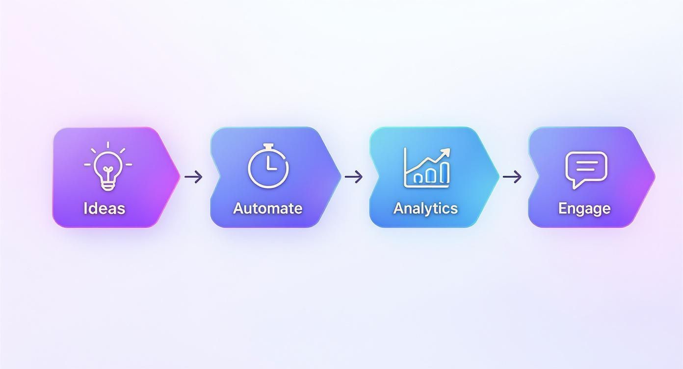 Four-step workflow diagram showing ideas, automate, analytics, and engage stages with gradient hexagonal icons