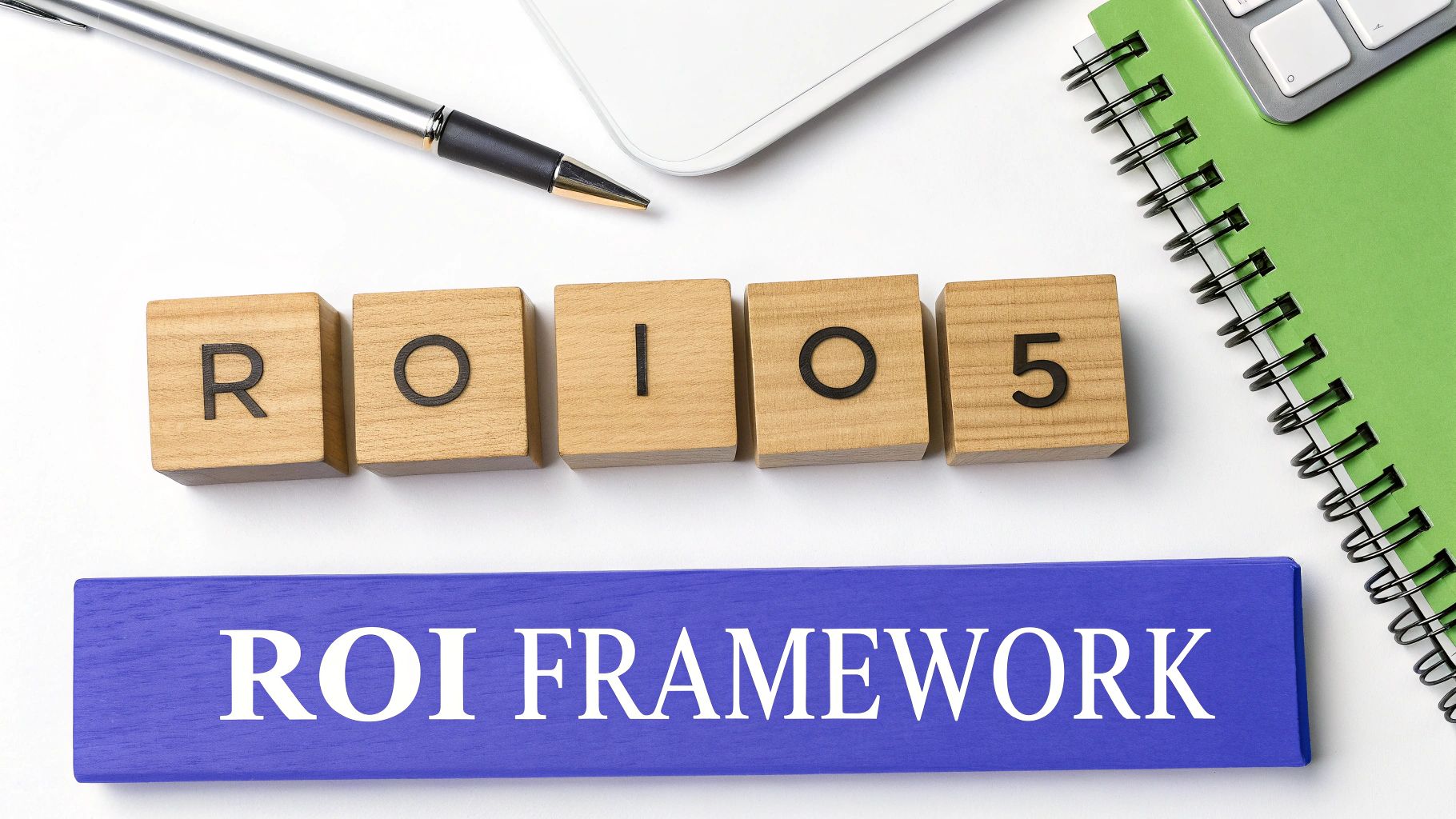 Wooden blocks spelling ROI015 sit next to a blue plaque reading 'ROI FRAMEWORK' on a white desk.