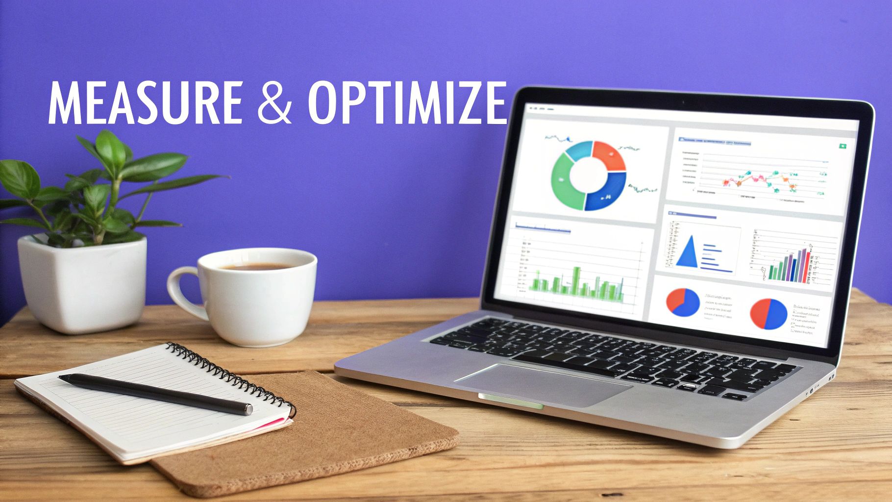 A clean workspace with a laptop showing charts and graphs, coffee, plant, and 'Measure & Optimize' text.