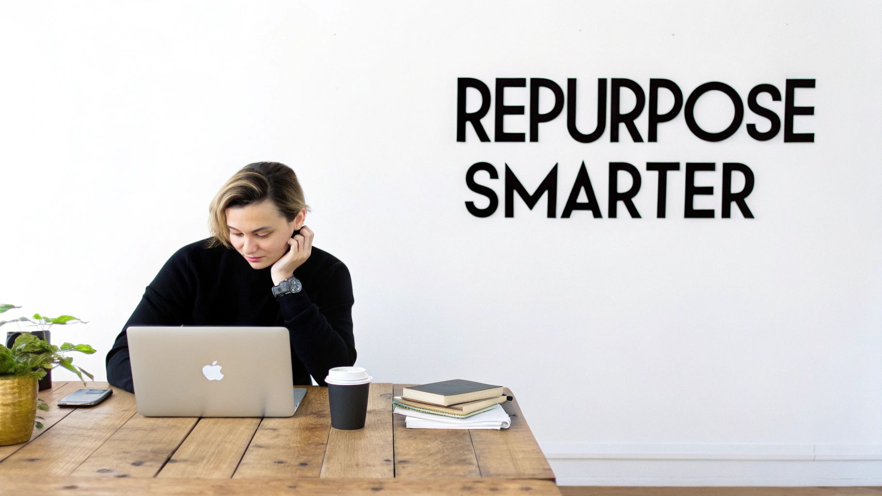 A person works on a silver laptop at a wooden desk. Text on the wall says 'REPURPOSE SMARTER'.
