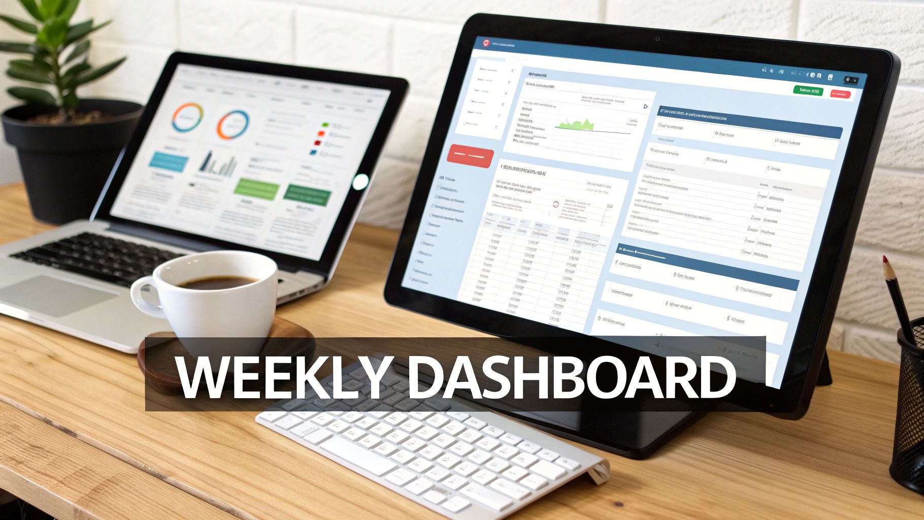 A wooden desk with a laptop and a tablet displaying data dashboards, a coffee cup, and a white keyboard.