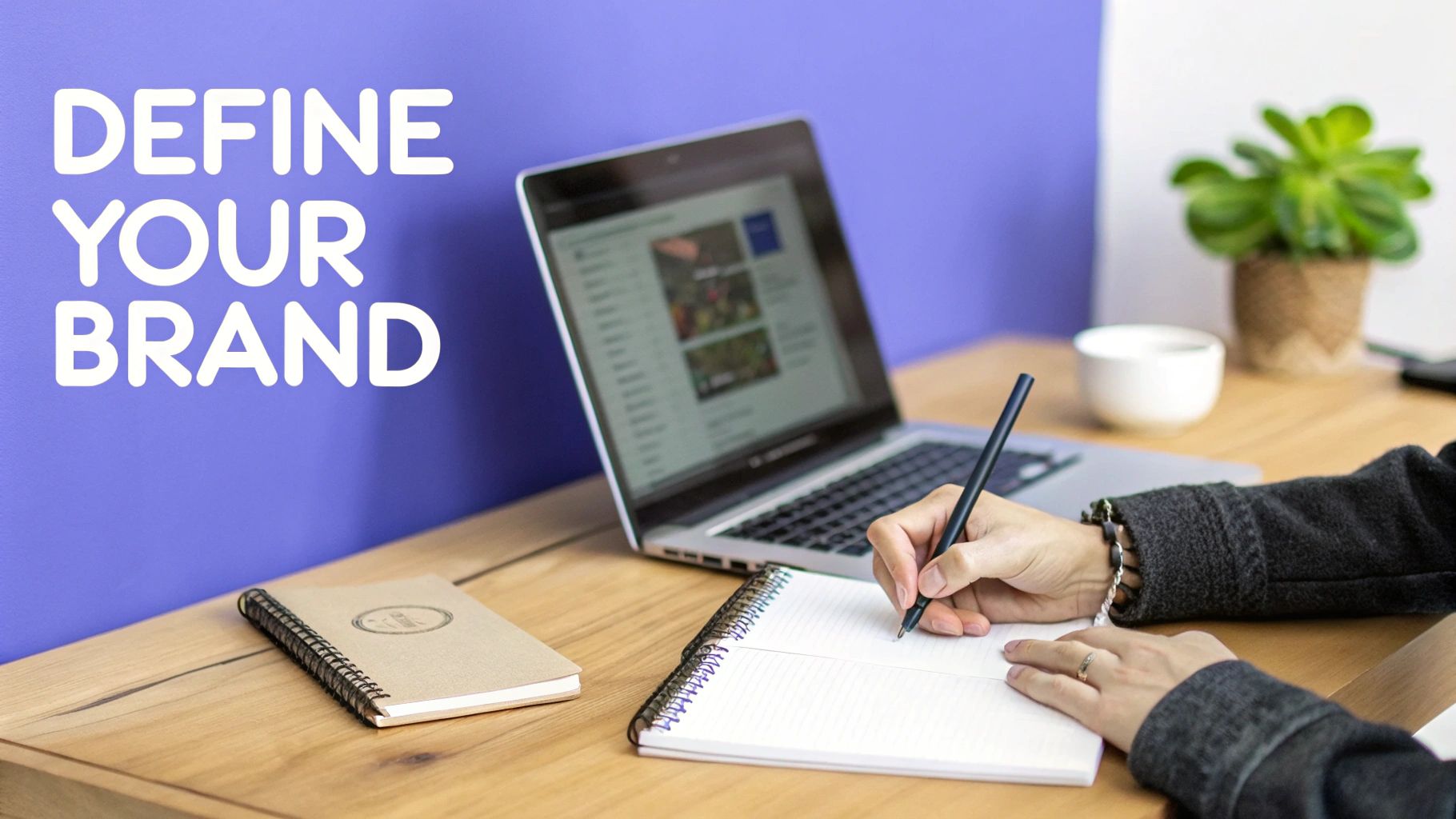 A person writes in a notebook on a wooden desk with a laptop and a plant, against a purple wall with text 'DEFINE YOUR BRAND'.