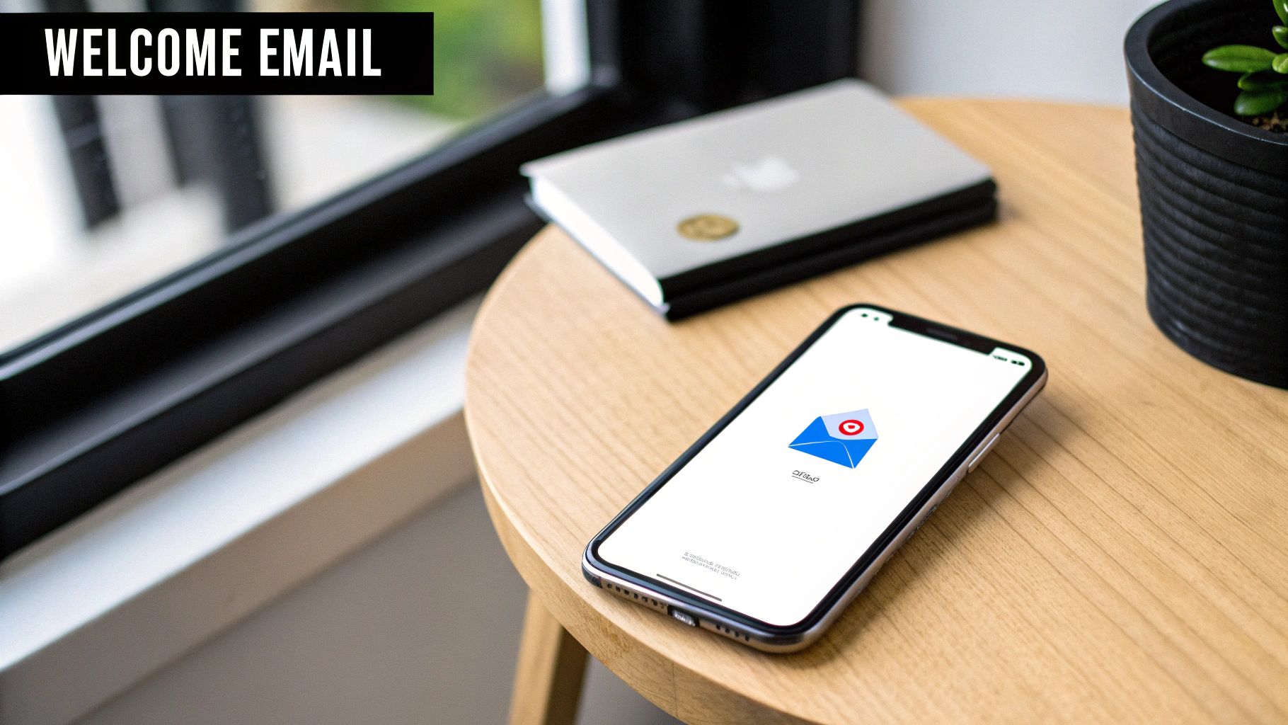 A smartphone displaying a blue email icon on a wooden table with a 'WELCOME EMAIL' banner.