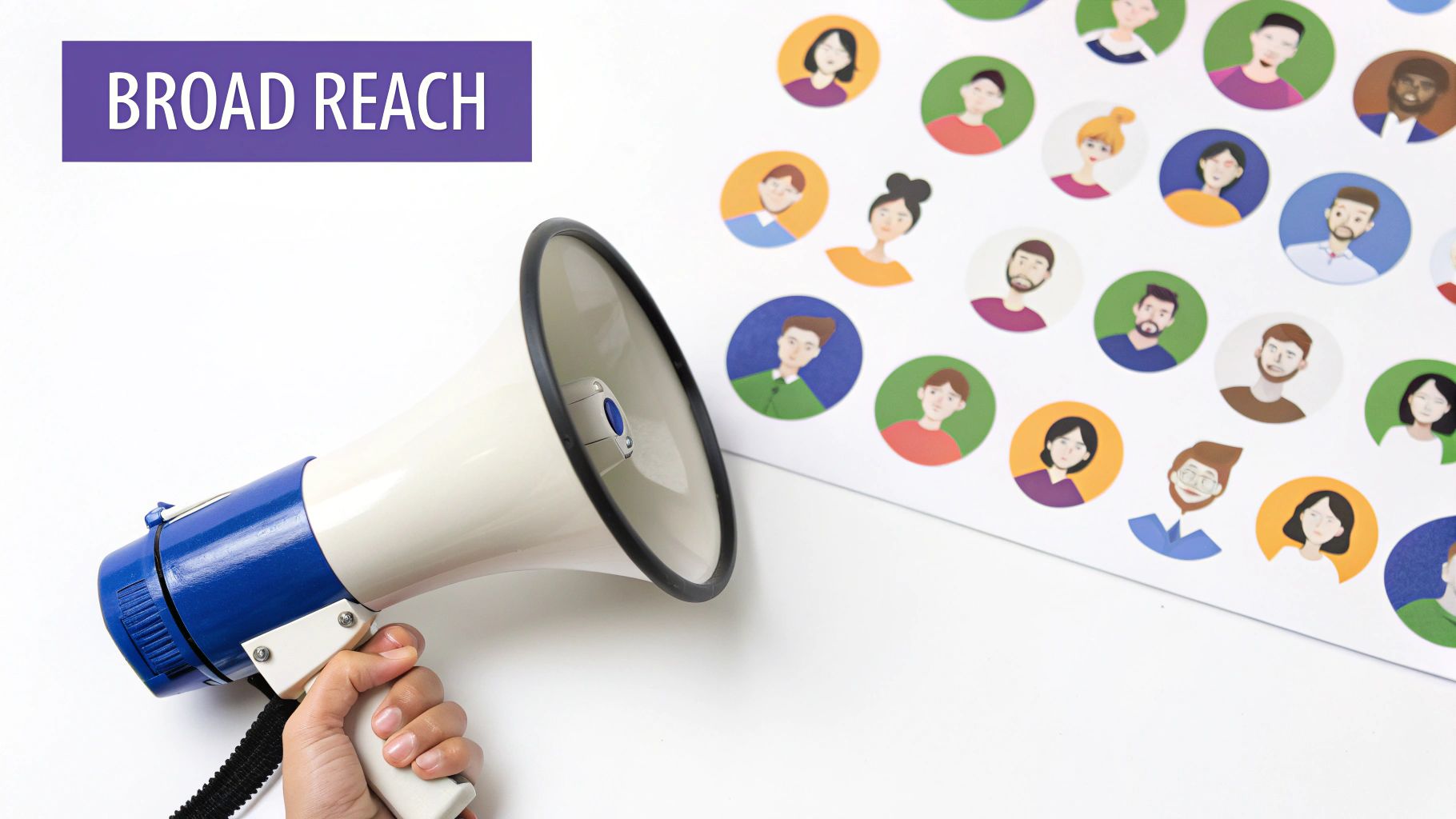 A hand holds a megaphone broadcasting towards a diverse group of cartoon people, illustrating broad reach.