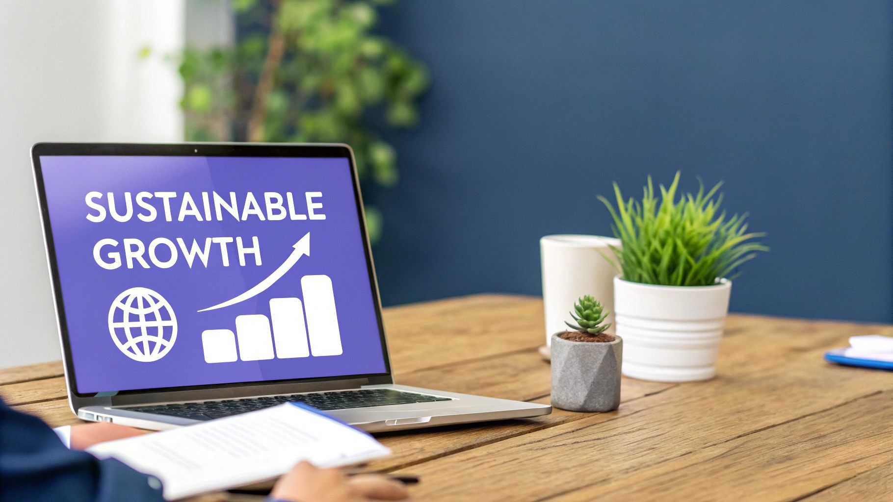 A laptop screen displays 'Sustainable Growth' with a globe and rising bar chart on a wooden desk.