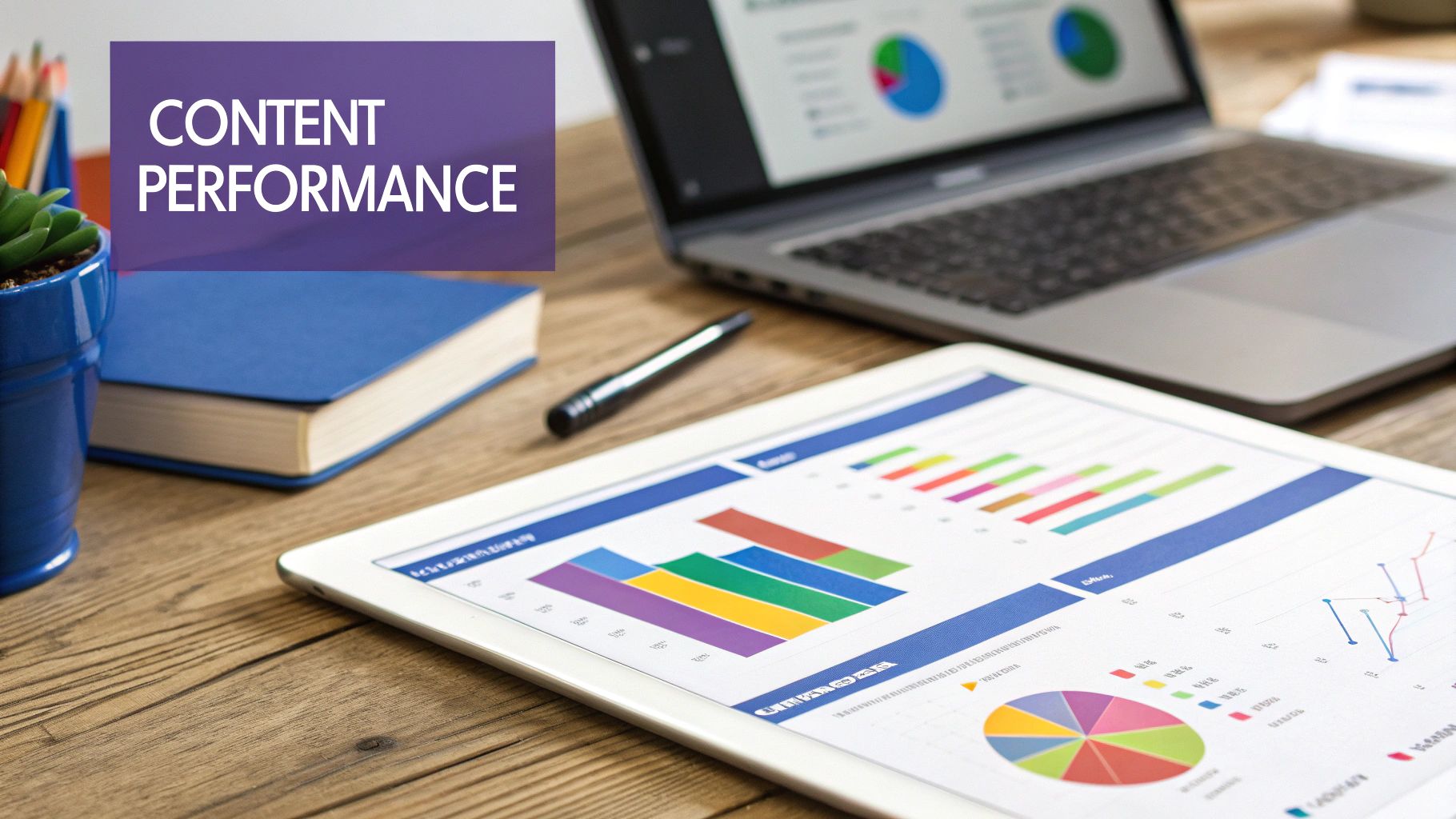 A social media report template on a screen showing colorful charts and graphs.