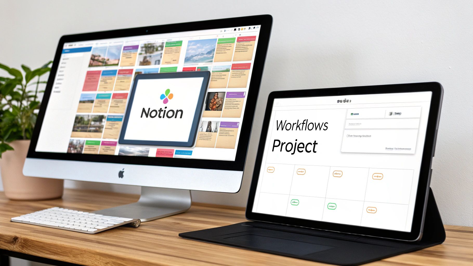 Team members collaborating around a large screen showing a Notion workspace.