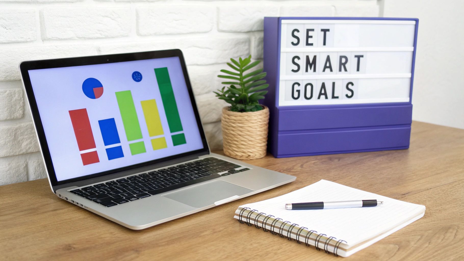 A modern workspace with a laptop showing charts, a 'SET SMART GOALS' light box, and a notebook.