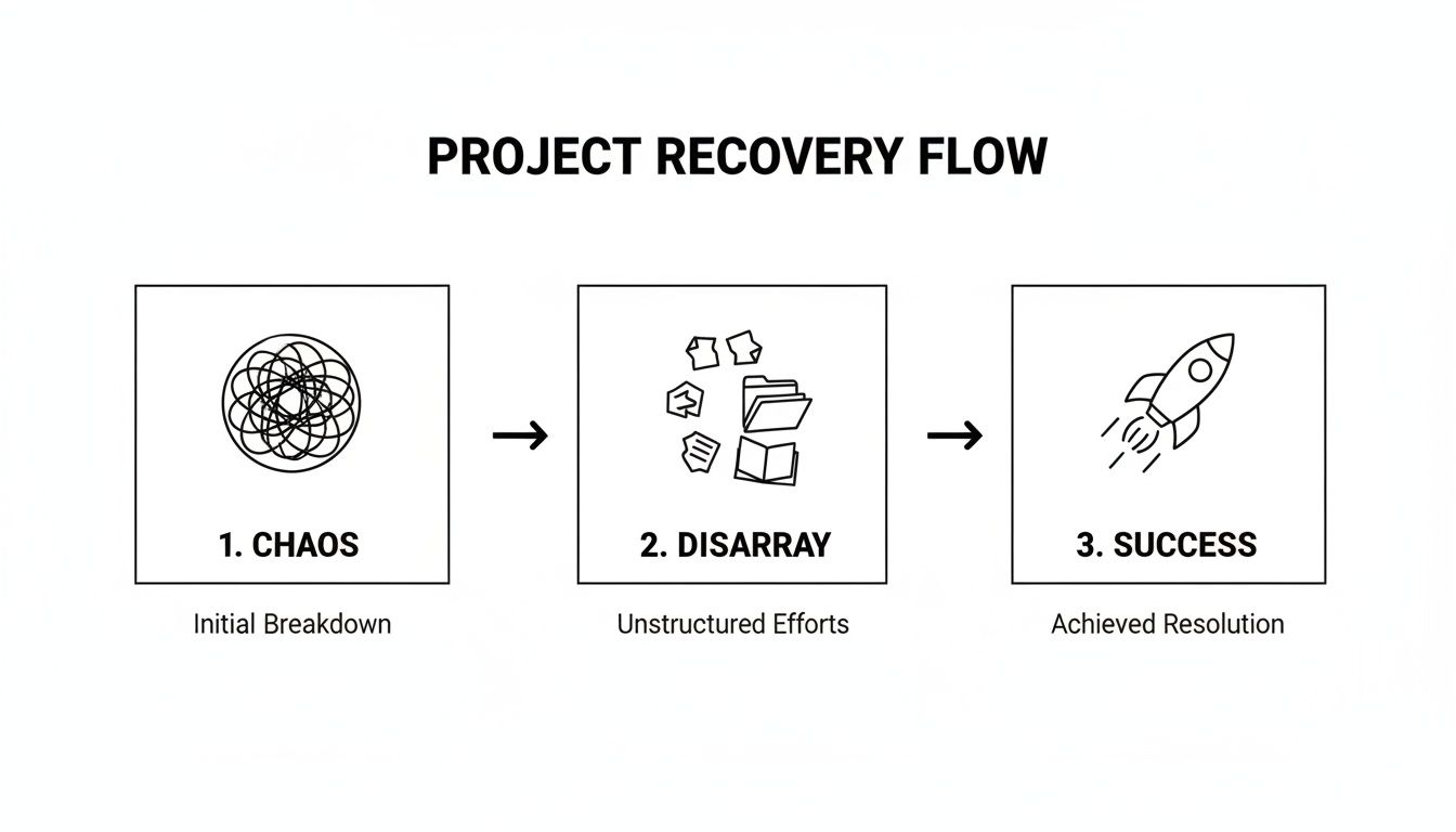 Diagram illustrating the project recovery flow in three steps: Chaos, Disarray, and Success.