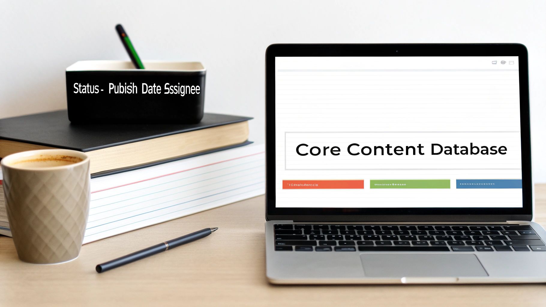 A laptop displaying 'Core Content Database' next to books, coffee, and a container for content planning.