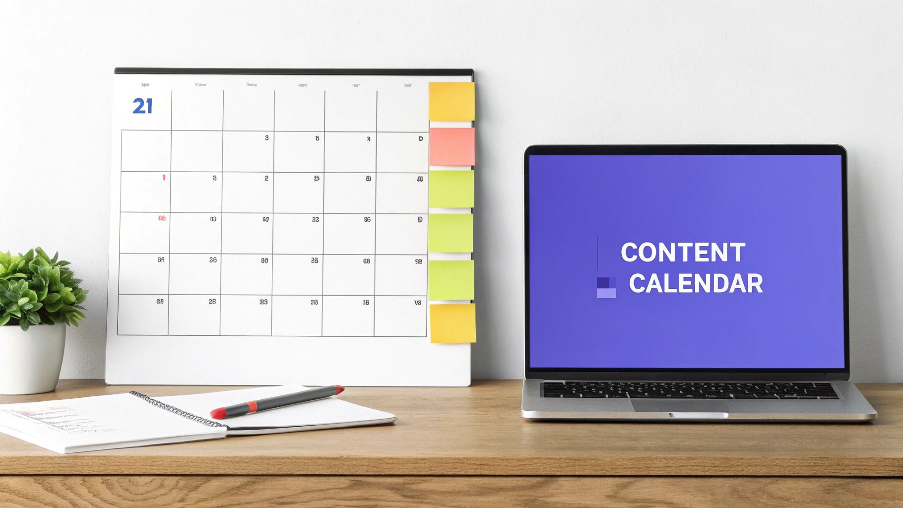 A desk with a calendar, a laptop displaying 'CONTENT CALENDAR', a notebook, and a plant.