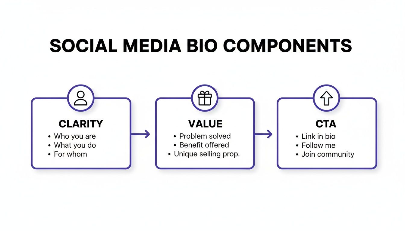 Diagram illustrating the three key components of an effective social media bio: Clarity, Value, and CTA.