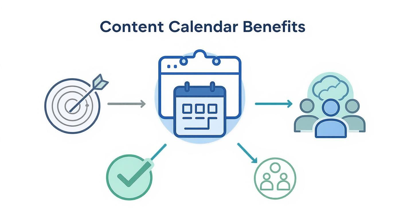 Content calendar benefits flowchart showing target goals leading to organized planning, audience engagement, task completion, and team collaboration