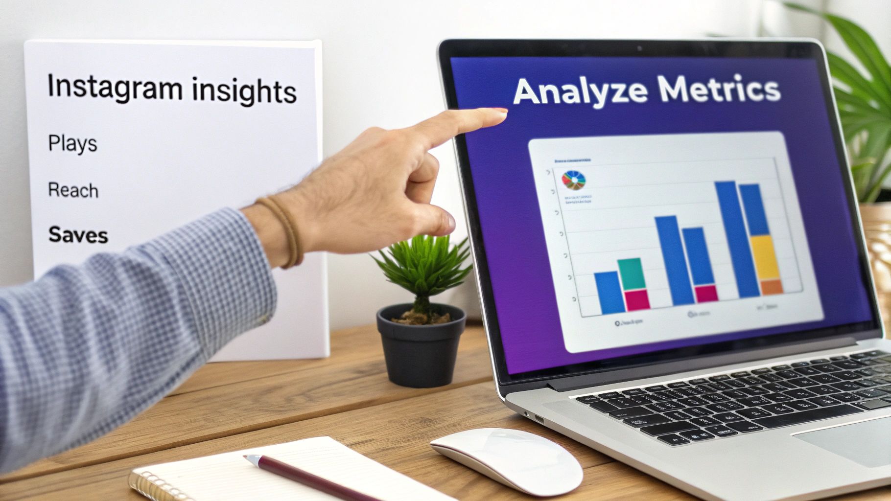 Person analyzing Instagram insights and performance metrics on a laptop with charts.