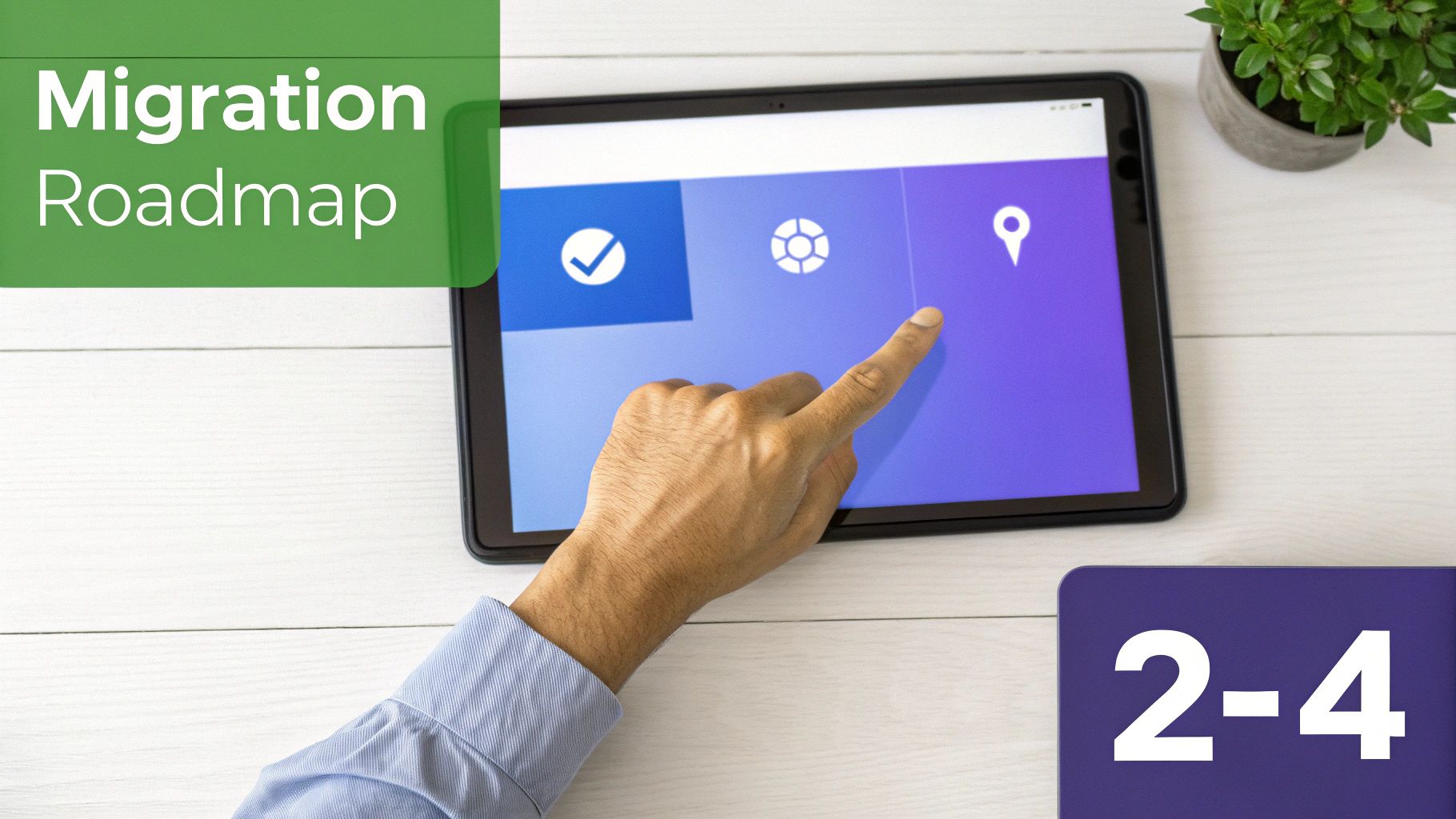 A hand taps a digital tablet displaying app icons with a 'Migration Roadmap' overlay.