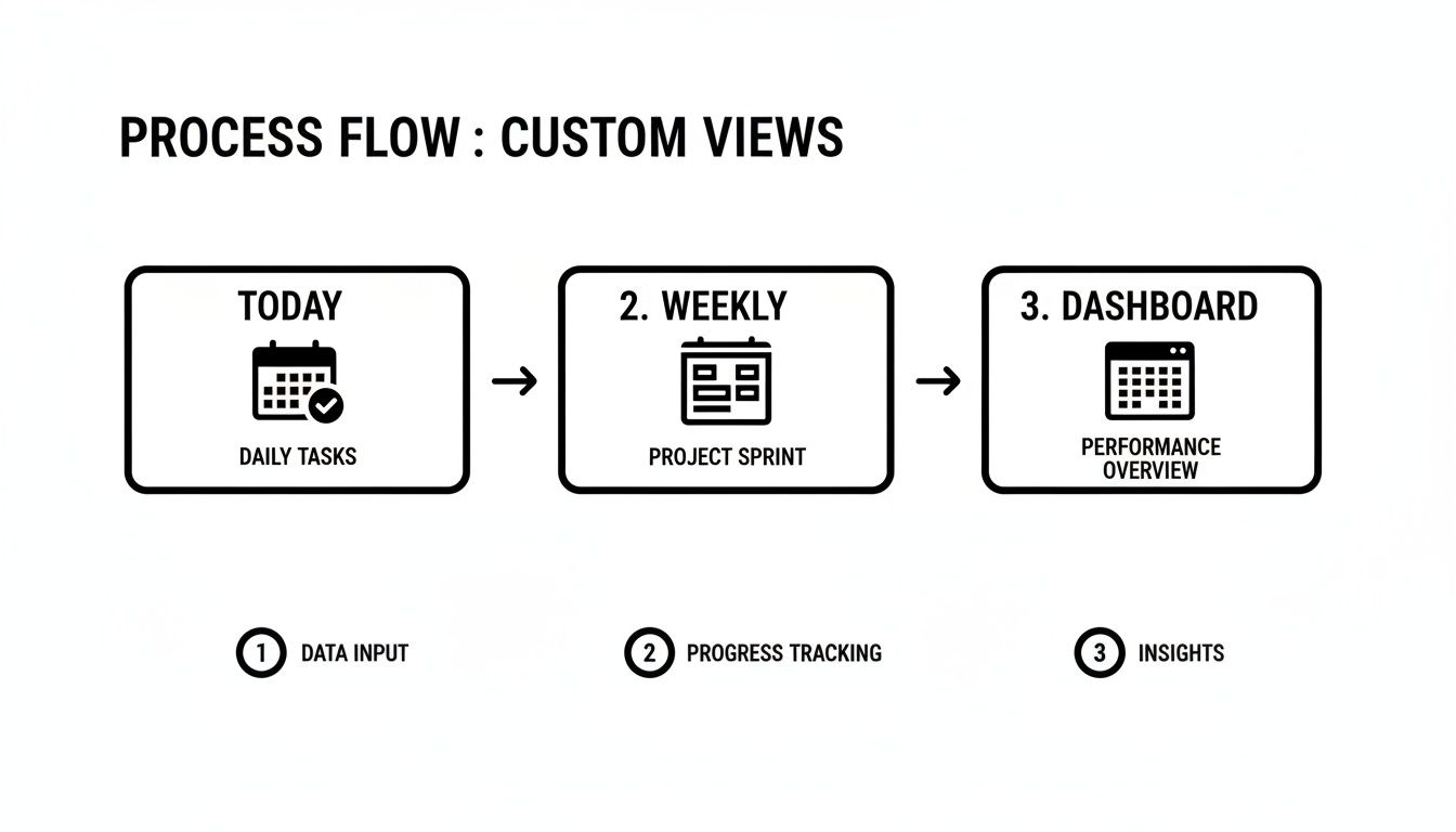 A process flow diagram illustrates custom views for daily tasks, weekly sprints, and performance dashboards.