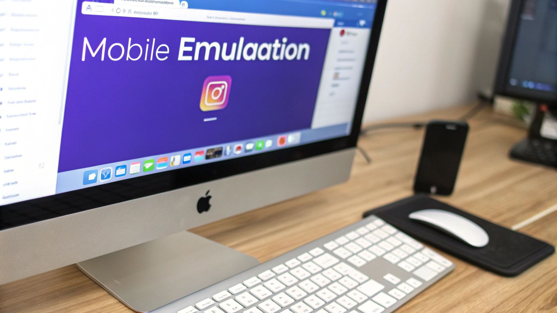 An Apple iMac displays "Mobile Emulation" with the Instagram logo, next to a keyboard, mouse, and smartphone.