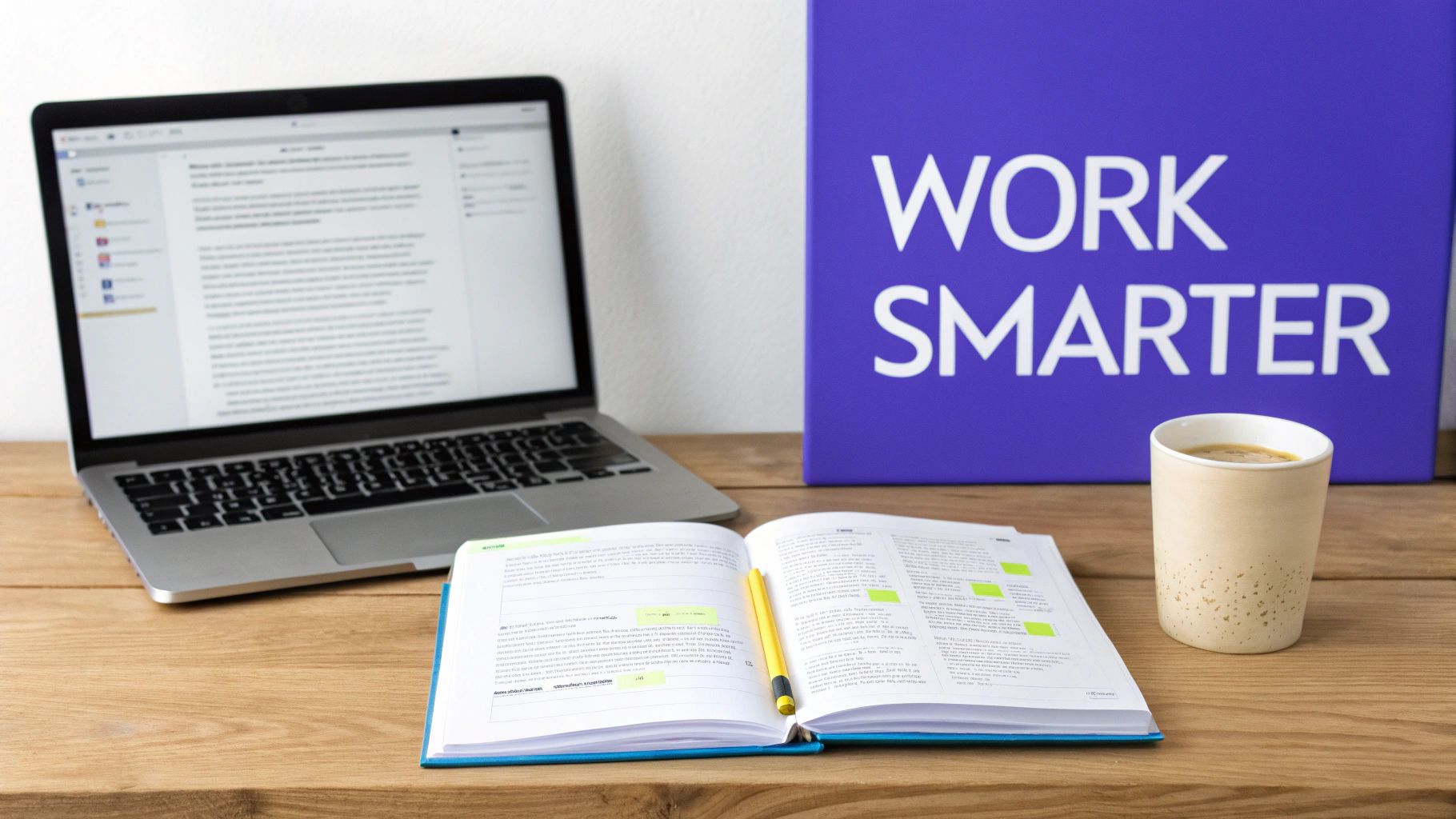 A productivity workspace with a laptop, an open book, a coffee cup, and a 'WORK SMARTER' sign.