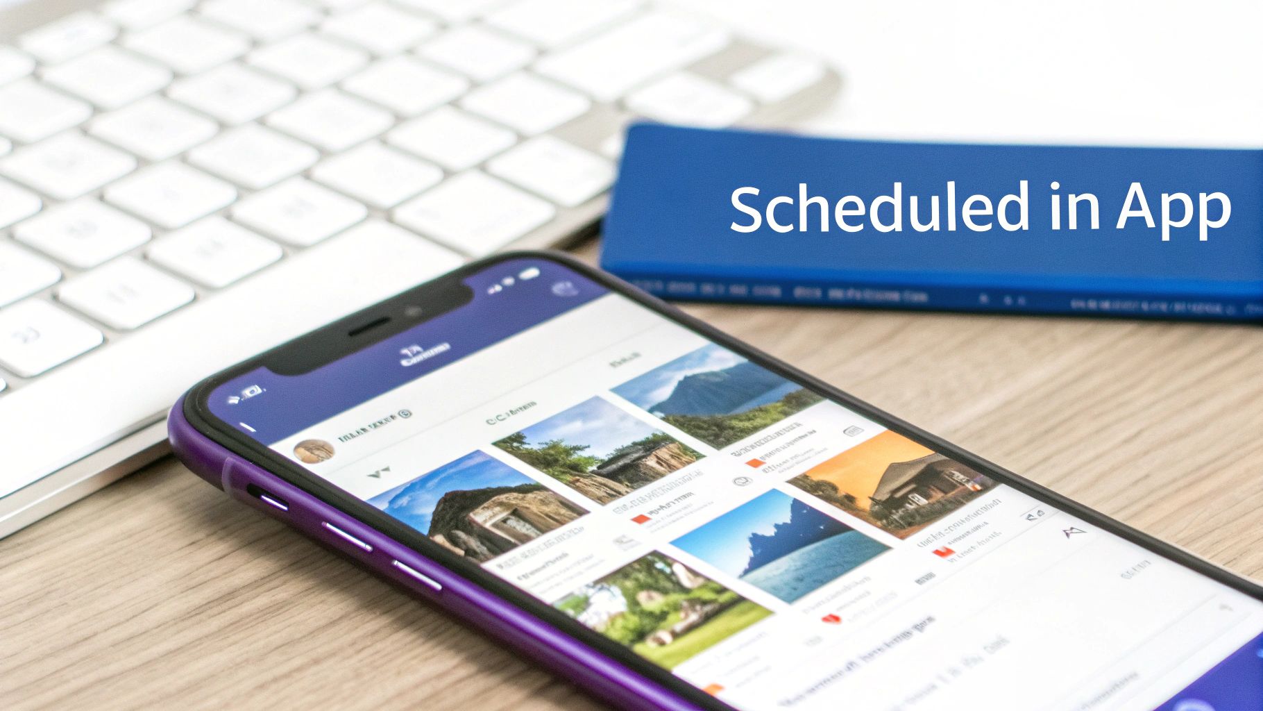 A smartphone displaying an app with multiple image posts, next to a white keyboard and a blue sign reading "Scheduled in App".