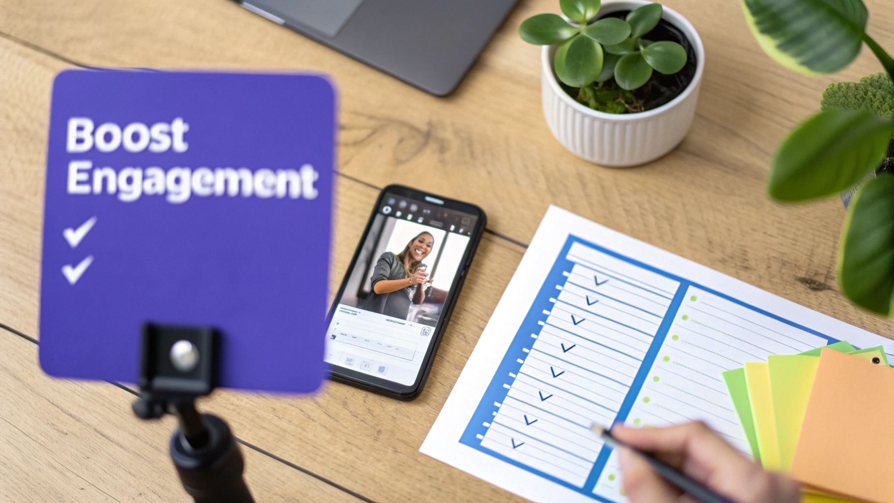 Social media content creator planning engagement strategy with smartphone, checklist, and boost engagement card on desk
