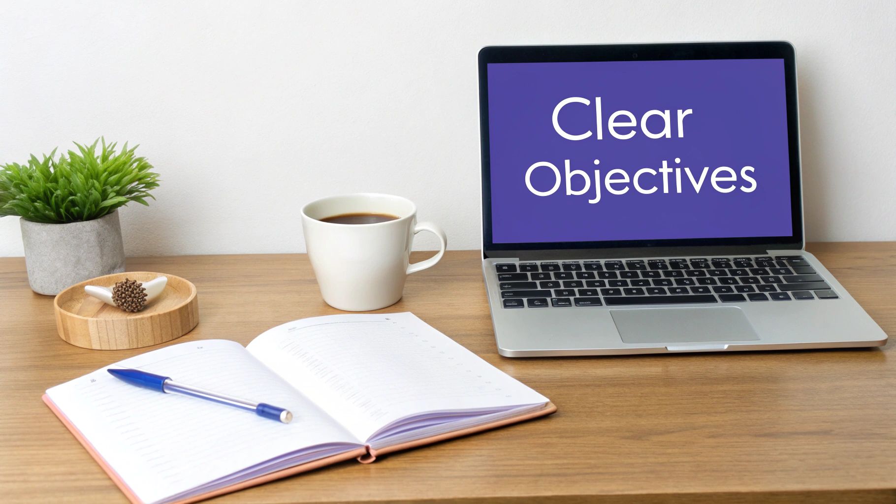 A modern desk setup featuring a laptop displaying 'Clear Objectives', a coffee cup, and a notebook.