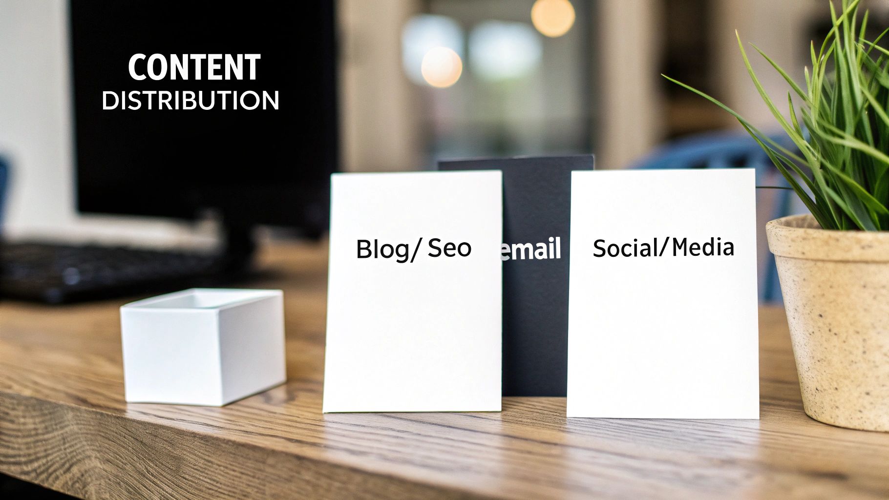 Cards on a wooden desk illustrating content distribution methods: Blog/SEO, Email, and Social Media.