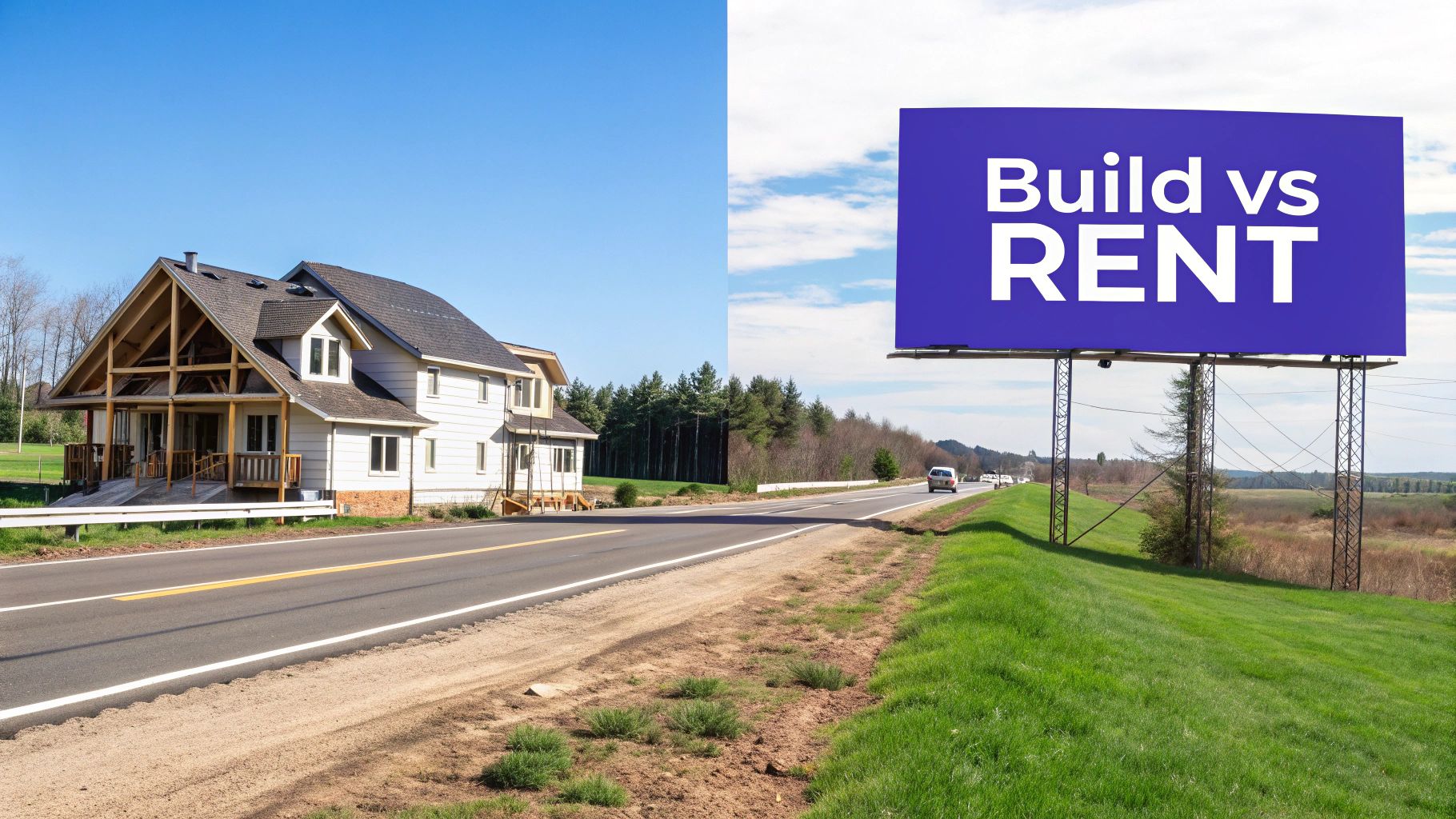 A house under construction on the left side of a road with a 'Build vs RENT' billboard on the right.